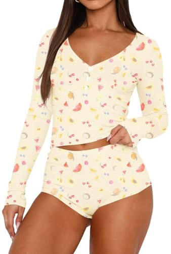 LACOZY Pigiama da donna 2 pezzi sexy PJ pantaloncini Y2k scollo a V manica lunga crop top lounge set pigiama con bottoni, Frutti gialli, L