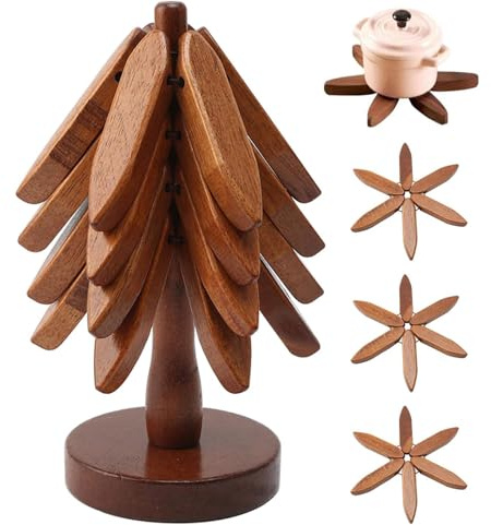 Set di 4 Sottopentola in Legno con Design Albero, Portavivande Pieghevole Resistente al Calore, per Piatti, Pentole e Teiere, Ideale per Tavola, Cucina e come Regalo