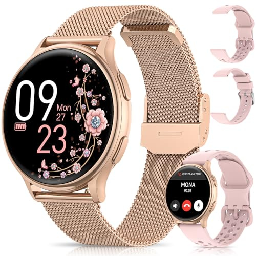 NAIXUES Reloj Inteligente Mujer con Llamadas, 1,27 Smartwatch Mujer con 3 Correas, Función Femenina, Pulsometro/SpO2/Monitor de Sueño/70+ Modos Deportivos/Calorías/IP68 Podómetro/Android iOS Rosa Oro