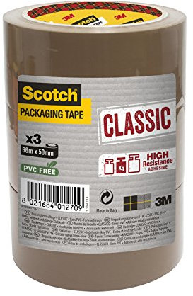Scotch Verpackungsklebeband Classic, Starkes Paketklebeband, Packband, 3 Rollen, 50 mm x 66 m, Braun