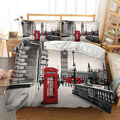 London Stadt 3D Print Betten Set Rot Telefonzelle Bettwäsche Set Microfaser Himmlische Qualität Grau Modern City Landschaft Bettbezug mit 1 Kissenbezug 2 teilig 135x200 cm + 80x80 cm Kinder