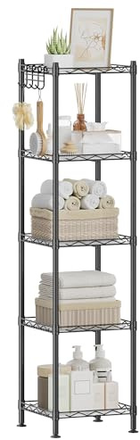 SONGMICS 5-Tier Bathroom Shelf, Storage Rack for Small Space, with 5 PP Shelf Liners, Removable Hook, Extendable Design, Ink Black and Translucent ULGR23BK