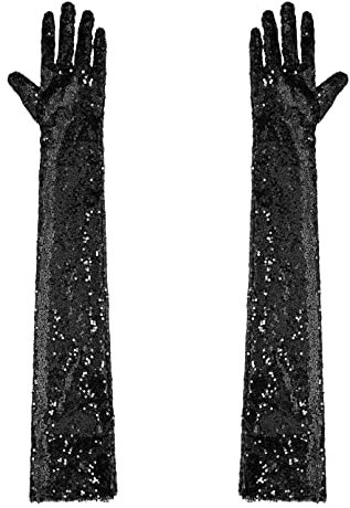 dPois Damen Finger Handschuhe Ellbogen Lange Pailletten Abendhandschuhe Mottoparty Fasching Karneval Kostüm Zubehör Schwarz Einheitsgröße