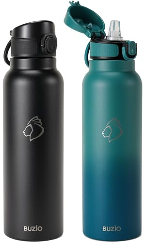 BUZIO 2 Pack Insulated 1L Stainless Steel Water Bottle with Straw - Cold for 48 Hrs - 100% Leak Proof - Black&Blue