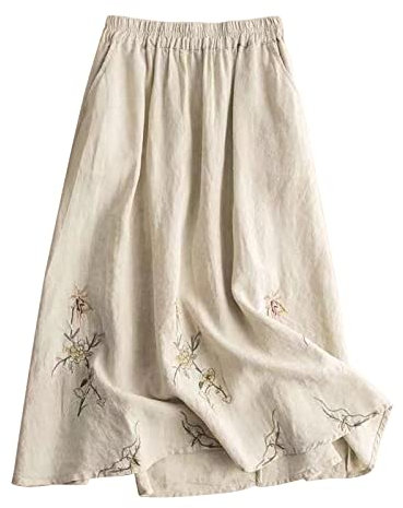 Leinenrock Damen Lang,Midirock Damen A Linie,Röcke Midi Damen Herbst Vintage Faltenrock Hoher Taille Baumwolle Leinen Rock Swing Maxirock Elastischer Bund Freizeitrock Damenrock mit Kordelzug