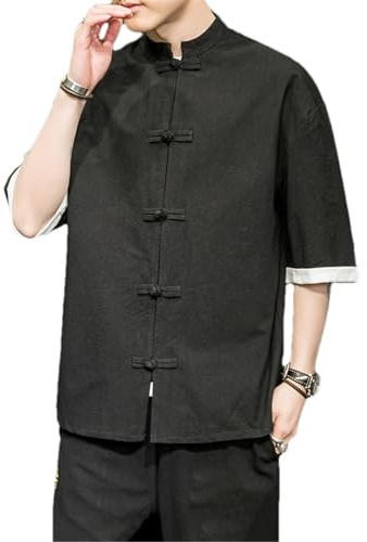 Veste Kimono Homme Vêtements Traditionnels Chinois Lin Hanfu Haut Manches Longues Costume Tang Kung Fu Chemise, BK001, M