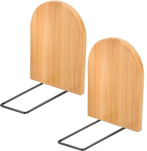 Dokeno Bambus Buchstützen (2er-Pack) - Stabile und Stilvolle Bücherhalter für Schwere Bücher, CDs und DVDs - rutschfeste Metallfüße - Ideal für Zuhause, Büro und Bibliothek (10,5x9,5x13cm)