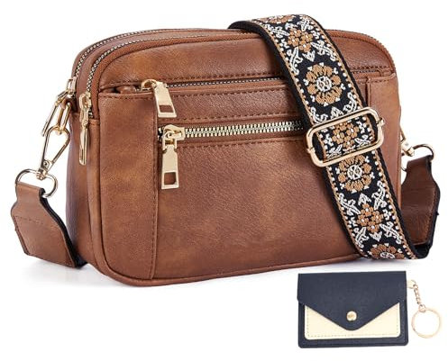 JinDouer Kleine Umhängetasche Damen Vegan Leder, Crossbody Bag vintage mit Vleien Fächer, Handtasche mit Abnehmbarem Modern Breitem Schultergurt, Münzbörsen für Damen Senden (Braune)