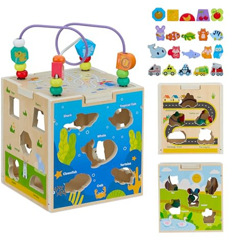 Relaxdays Motorikwürfel, Holz, Design B, Kinder ab 3 Jahren, Lernspielzeug für Mädchen & Jungen, Motorikschleife, bunt