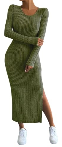 Robe Pull Longue Hiver Col Rond Fendu Robe Pull Femme Chic et Élégant Sexy Moulante Midi Robe Grande Taille en Tricot à Manches Longues Automne Hiver