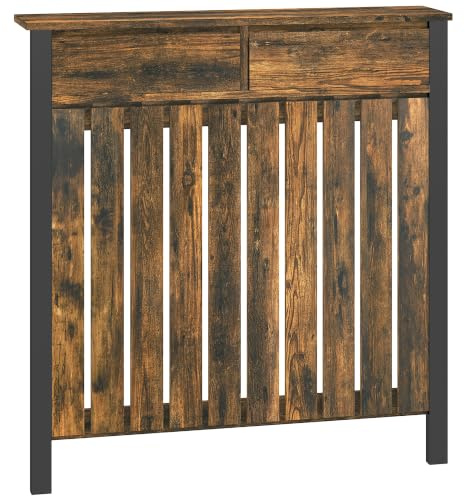 HOMCOM Cubierta radiador con cajón pequeña 88,5x19x93cm marrón rústico | Rejilla de lamas verticales, armario de MDF industrial, cubierta de calefacción, salón, dormitorio, pasillo