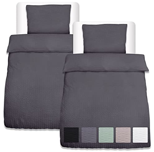 Beautissu 4tlg Seersucker Bettwäsche 135x200 cm Sommer & Kopfkissen Bezug 40x80 cm – Bügelfrei Bettwäsche-Sets Bettbezug Sommerbettwäsche 135x200 – Hautfreundlich Bettwaren Bettwäsche Anthrazit Meline