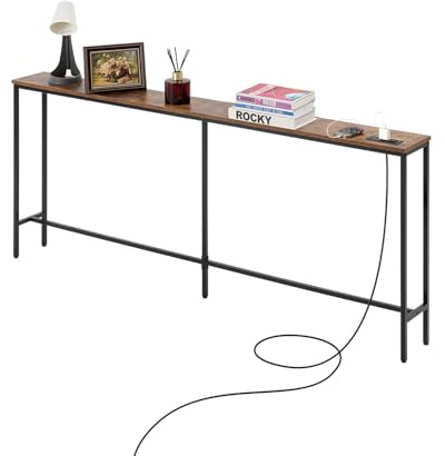 VEVOR Mesa de Consola Estrecha para Sofá, 180 x 20 x 80 cm, Mesa de Entrada Larga de 1 Nivel con Tomas de Corriente, Estructura de Metal y Estación de Carga, para Entrada, Pasillo, Marrón y Negro