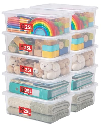 SUNDIS View Box, set di 10 scatole portaoggetti 25l, con coperchio, plastica trasparente, impilabile, ideale per riporre gli oggetti negli armadi, in ufficio, in lavanderia o in bagno