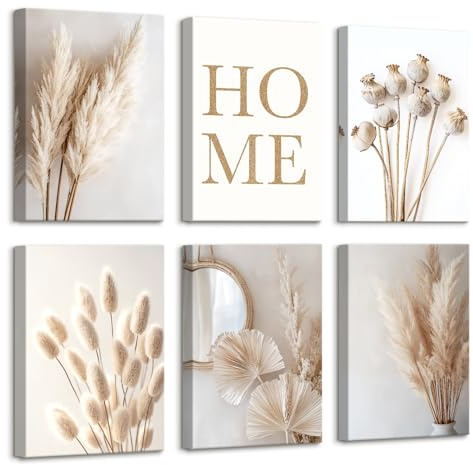 6 st träinramade canvas väggkonstuppsättning Boho Beige Pampasgräs Canvas-tryck Yume-frön Palmblad Målning Naturliga växter Botaniska bilder för vardagsrum sovrum hall väggdekor 20x30 cm x6