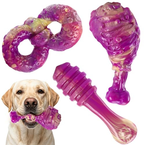 WinTour Dog Chew Toys for Aggressive Chewers 3 Pack, Indestructible Dog Toy to Keep Them Busy, Tough Dog Toys for Aggressive Chewers for Small, Medium and Large Breeds, Beef Flavor, Purple