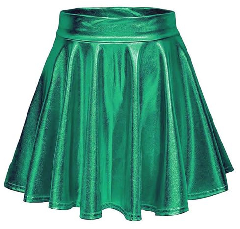 Womens Metallic Shiny Flared Skirt, Mini Skater Pleated Casual Miniskirt Halloween Rave Party Clubwear Jazz Hip Hop for Women and Girls Green
