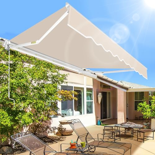 Eikuavons Auvent à bras articulés, 350 x 300 cm, store manuel avec manivelle, angle réglable jusqu'à 30 °C, protection solaire, protection contre l'eau avec support mural, beige