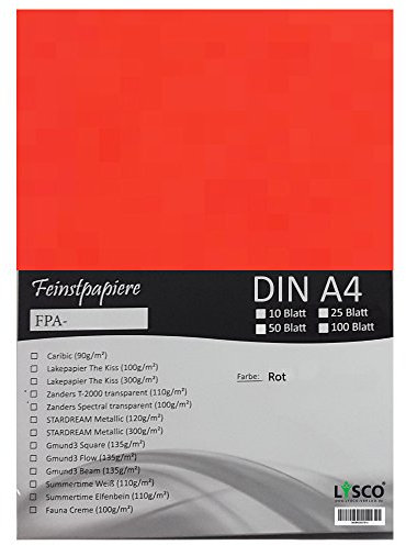 GMUND Transparentpapier DIN A4 Farbe Rot / LYSCO® Feinstpapierset mit 50 Blatt Inhalt (FPA-122) - bedruckbar, sehr gute Qualität, für Einladungen, als Einlegeblätter für Alben, Fotoalben, Fensterbilder, Bastelarbeiten uvm.