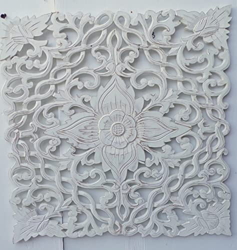 Marblechic - Pannello Mandala Floreale in Legno MDF Traforato cm 60x60x1 Bianco decapato Quadrato