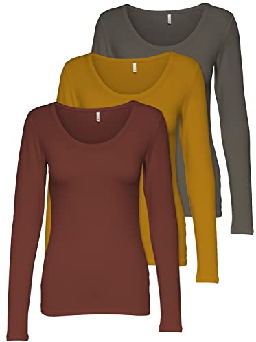ONLY 15209156 - Confezione da 3 magliette a maniche lunghe, da donna, colore nero e bianco, basic, estive, 95% cotone, taglie XS, S, M, L, XL, S