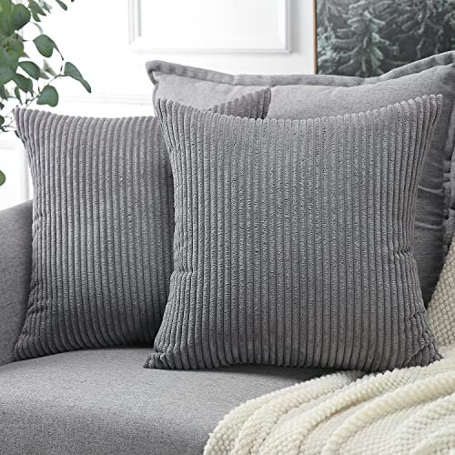 Soleebee 2er Set Kordsamt Kissenbezüge, Weiche Kord Plüsch Dekorativ Kissenbezug Sofa Zierkissenbezüge Dekokissen Kissenhülle Set für Couch Schlafzimmer Zuhause Auto Dekor (50x50cm, Dunkelgrau)