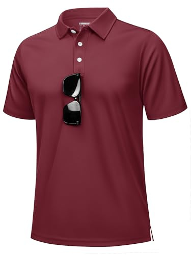 KEFITEVD Pikétröjor för män andas snabbtorkande polyester sommar golf ledig arbetströja med knapp, Vinrött, S