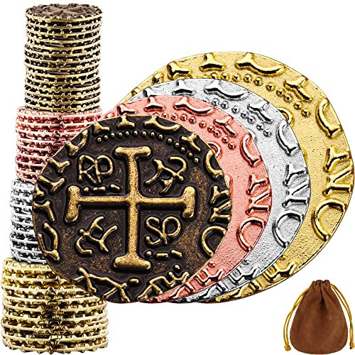 Piraten Münzen Zubehör, 36 Bronze, Silber, Rose & Goldmünzen-Set, Metall Goldtaler Deko Dublonen für DND Brettspiele, Cosplay, Realistische Mittelalter Geld-Imitation, Piratenschatz - Mix Größen