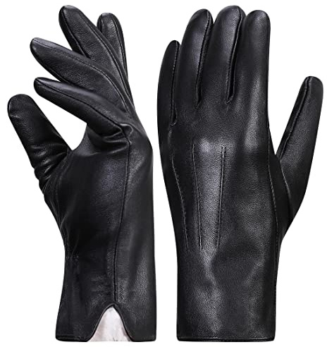 Harssidanzar Leather Gloves for Womens,Winter Rabbit Fur Lined Soft Genuine Leather Gloves KL027,Black,Size XL