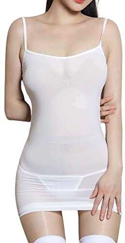 Women’s Sexy Mesh Sheer Mini Bodycon Dress Sleeveless Suspender Babydoll Lingerie Stretch Club Nightdress Sheer Full Slip Nightgown Slim Chemise Negligee Sleepwear for Nightclub Party (White)