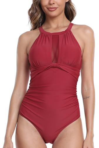 Tummy Control One Piece Swimsuit Vintage Swimming Costume Women Wine,S