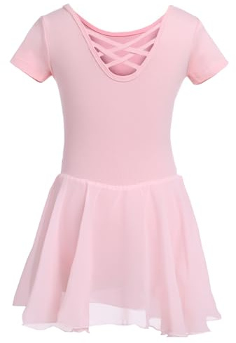DGSHIRLDJO Ballet Leotards for Girls Cross Straps Back Dance Dress Ballet Outfit Dance Leotard with Chiffon Skirt for Toddler（120，pink）