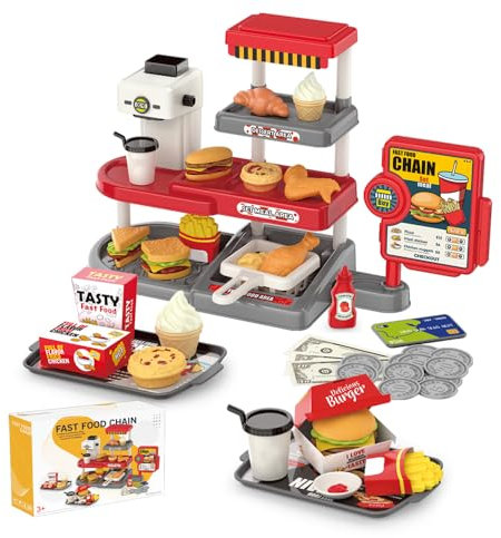 Spielzeug für Imaginäres Schnellrestaurant mit Realistischer Kaffeemaschine Kartenleser Lebensmittelgeschäft-Spielset mit Simuliertem Hamburger Pommes Sandwich usw Geldspiel Für Kinder