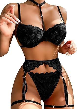 Satohom Donna Set Lingerie Sexy 3 Pezzi Pizzo Reggiseni con Giarrettiero Perizoma e Reggicalze con Girocollo Brasier Mutandine Babydoll con Giarrettiere Reggiseno Pizzo Floreale Taglia Unica