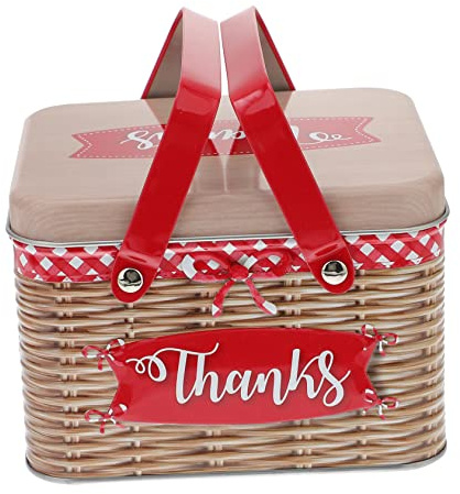 MAGICLULU Tinplate Candy Box with Handle Large Red Cookie Jar Rattan Style Biscuit Storage Container Decorative Baking Snack Box for Home and Use