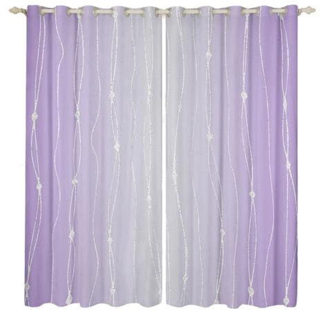Homewish Lilac Purple and Grey Watercolor Curtains 46 Wx54 L, Wave Lines and Dots Blackout Curtains, Gradient Curtains & Drapes Aesthetic Abstract Bedroom Curtains, Modern Stripe Window Treatments