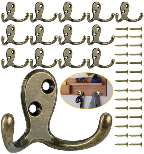 Homanu Lot de 14 crochets muraux robustes à double broche avec 28 vis, crochets muraux en laiton antique anti-rouille pour accrocher serviette, manteau, sac, chapeau, tasse, clé