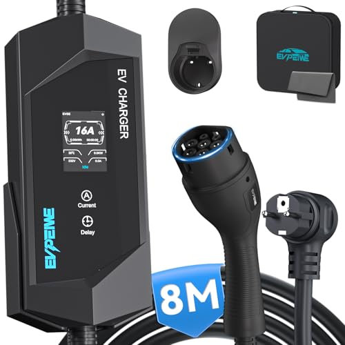 EVPEIWE EV Chargeur Type 2 Câble de Charge Schuko 3.68kW, Portable EVSE et Station de Charge avec Écran, Courant Commutable 6-16A pour Voitures Électriques IEC 62196-2 avec Sac, IP65 (Noir/8M)