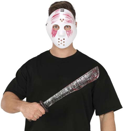 FIESTAS GUIRCA | White Mask with Toy Machete (One Size) - Accessory for Cannibal and Hockey Fancy Dress for Halloween and Film Parties - Unisex Adult - Black and White