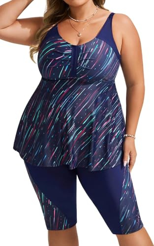 Hanna Nikole Tankini Dam plus size badkläder push-up tankini tvådelat set magkontroll hög midja sommar baddräkt med badshorts, Färgglad stjärnstjärna, 22 Plus