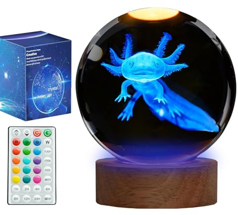POSSHE Axolotl Night Light, Axolotl Gifts, 3D Crystal Ball Axolotl Lamp with Remote 16 Color for Birthday Xmas Cool Upgraded 3.15 Inch Crystal Ball Axolotl Figurines Gifts for Room Decor Boys Girls