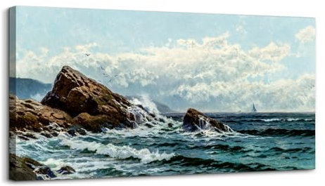 hyidecorart Cuadros Decoracion Dormitorios Grandes, 50x100 cm Vintage lienzos Decorativos Pared Salon, Cuadros Decoracion Pared Olas Rugientes, Azul Wall Art Comedor Pasillo Baño