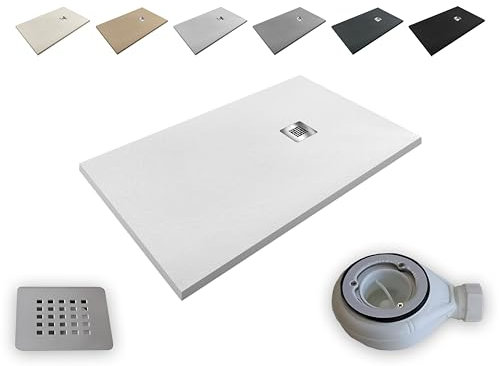 Plato de Ducha Resina Aligerado Extraplano Aligeres® -Todas las medidas disponibles -Antideslizante Textura Pizarra - Incluye Válvula desagüe+Rejilla (BLANCO RAL 9003, 70x100)