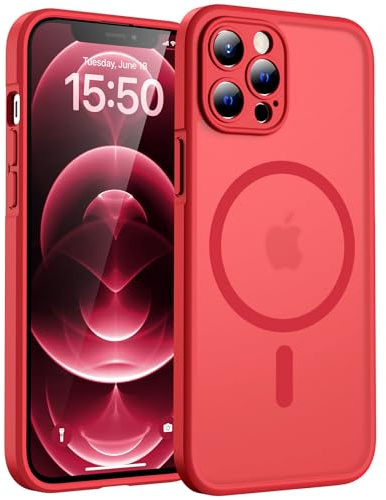 TOCOL Magnetic for iPhone 12 Pro Max Case 6.7-Inch, Fit for MagSafe, Upgraded [Full Camera Protection], [14FT Military Grade Drop Tested] Shockproof Slim Translucent Matte Back Cover (Red)