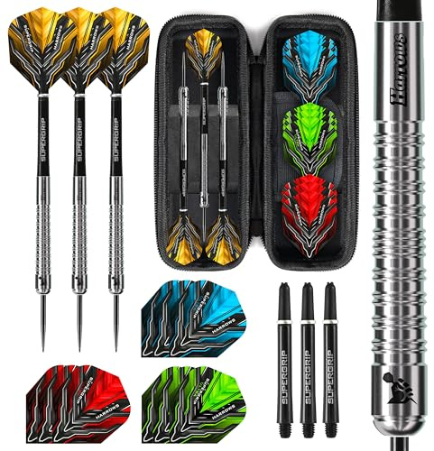 Harrows Supergrip Ultimate Jeu de fléchettes à pointe en acier tungstène avec étui de fléchettes Blaze gratuit I 22 g à 28 g disponibles I énorme lot de 20 pièces avec ailettes de rechange Ultra (26g)