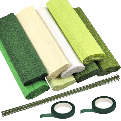 Swpeet 30Pcs 8Colors 9.8 x 98 pollici fogli di carta crepe rulli con filo a stelo floreale e kit di assortimento di nastro, 8.2ft crepe rulli di carta kit di disposizione per la decorazione di festa
