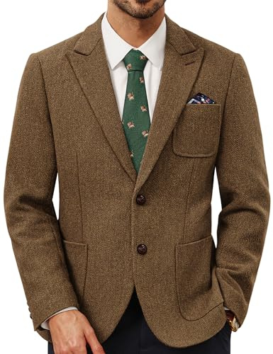PJ PAUL JONES Tweed Blazer for Men Peaked Lapel Suit Jackets Two Button Wool Vintage Sport Coats Brown