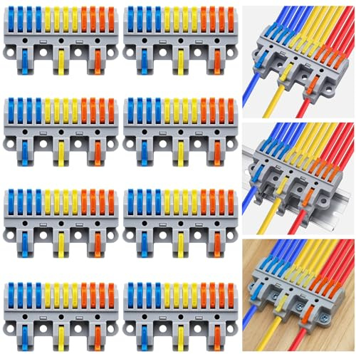 CESFONJER 3-in-12-out Lever Terminal Block Kit, Triple Input to Twelve Output Splicing Connectors, DIN Rail/Screw Mount, for 28-12AWG Conductors, Includes 8 Kits