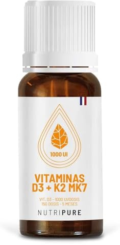 Nutripure | Vitamina D3 K2-MK7 1000 UI | Alta Dosis para el Distema Inmunitario, la Salud Ósea Muscular |con VitaMK7® y Aceite de Oliva Ecológico | Alta Absorción y Dosificación Personalizada |5 meses