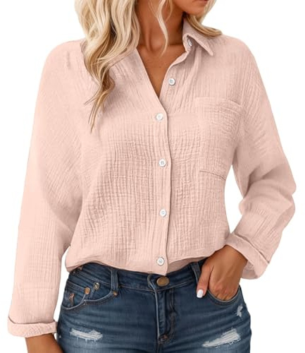 ​​Chemise Lin Femme Manches Longues Col en V Amples Blouse Chic et Élégant Bouton Haut avec Poche Respirante Anti-UV Décontractée Couleur Unie Chemisier Femme Mode Tunique Tops